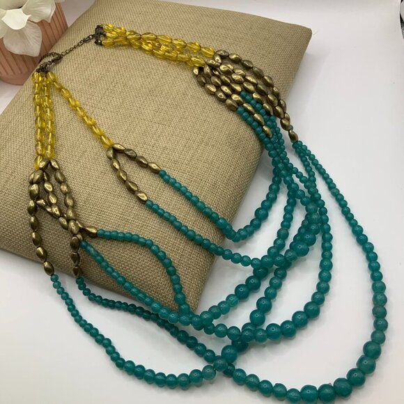 NRT (AVON) Vintage Multi Strands Yellow Gold Tone Blue Beaded Necklace - Picture 4 of 5